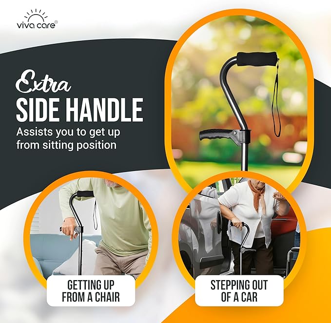 VIVA CARE Walking Cane with 4 Prongs and Extra Side Handle – Adjustable, for Balance & Stability for Adults, Seniors, and Injured.