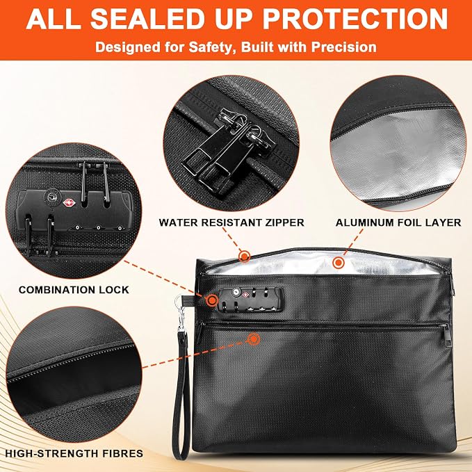 6400°F Fireproof Document Bag with Combination Lock - Heat Resistant Money Bag for Cash, Passports, Deeds, Phones, Waterproof Fire Proof Bag (Black)