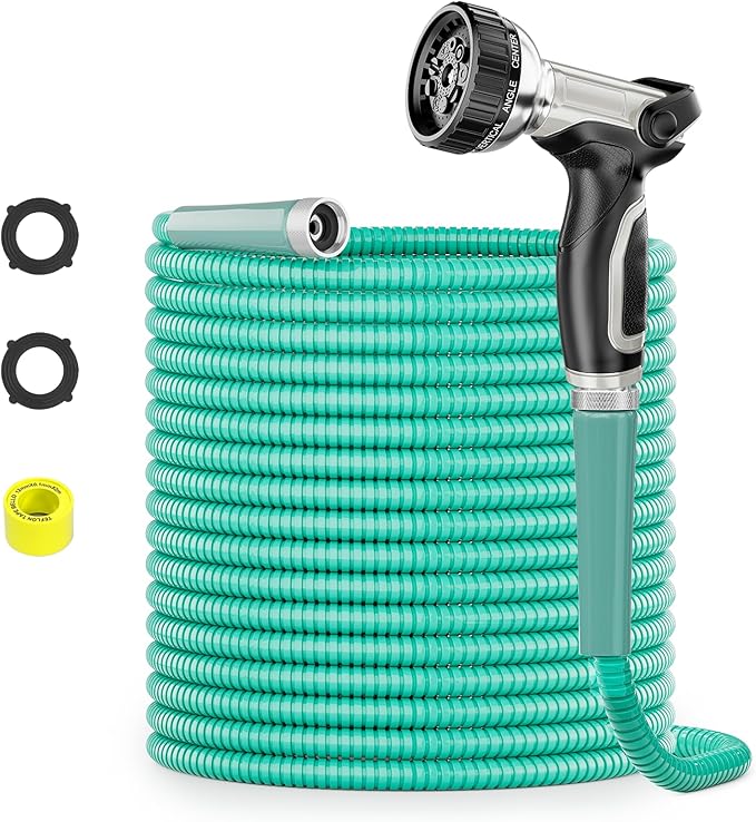 SPECILITE 50ft 304 Stainless Steel Metal Garden Hose with Nozzle (Aqua) | Puncture Resistant, Flexible, Never Kink & Tangle, Heavy Duty Water Pipe for Yard, Outdoor, Lawn