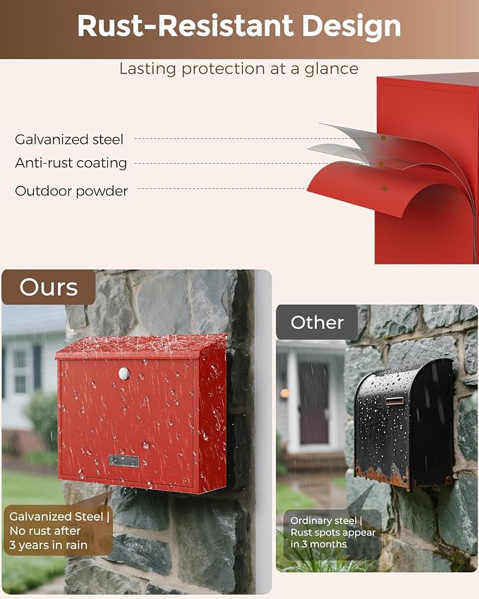 LAND·VOI Locking Wall-Mount Mailbox for Outside, with 4 Keys, Galvanized Steel Rustproof Metal Postbox, 4" Dx13.8 Wx11.2 H, Includes 3 Sets of Mailbox Numbers, Nameplate, Red