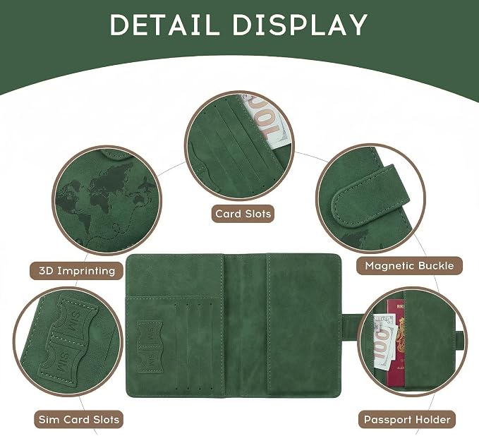 ILIYAH-Passport Cover-Passport Holder Travel Wallet-RFID Blocking Passport Case Travel Accessories Card Holder Wallet Unisex Travel Gifts (Green MG)