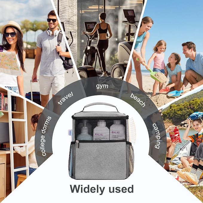Mesh Shower Caddy Hanging for College Dorm Essentials Grey | Portable Bathroom Caddy Organizer Shower Tote Bag with Built-in Hook for Beach, Swimming, Gym camping