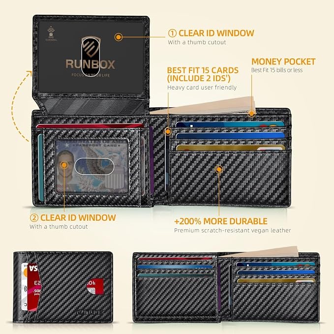 RUNBOX Wallet for Men -Slim Rfid Leather Mens Bifold Novelty Wallets 2 ID Window With Gift Box Men's Accessories | Minimalist Front Pocket Design, Holds 15 Cards, Large Capacity with Cash Pocket,Compact and Thin, Birthday Gifts for Men