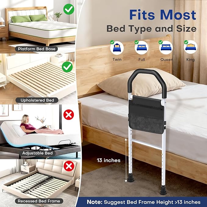 Bed Rails for Elderly Adults Safety - ASTM Approved Bed Side Rail for Seniors with Support Leg,Two-side Storage Bag, Non-Slip Bed Assist Cane Guard,Adjustable Bedrails for King,Queen,Full,Twins
