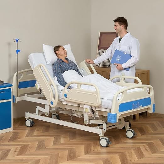 Hospital Bed Electric 5 Function with Trendelenburg & Reverse Trendelenburg, 5" Lockable Casters for Home Hospital Use, 530LBS Loading, with IV Pole, Mattress, Includes Sheets (2X)
