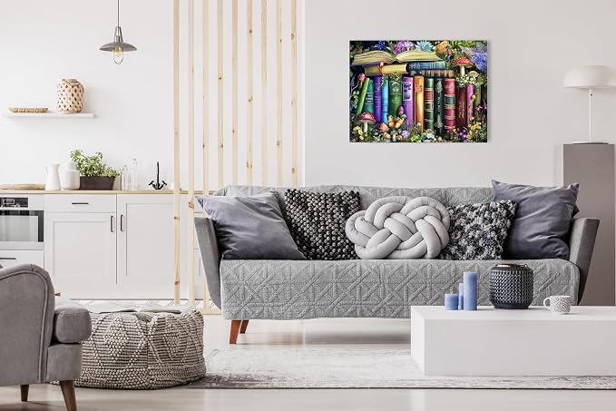 Adult Jigsaw Puzzle 1000 Piece Books | Magic Butterfly Library scene with mushrooms, books, and wildflowers. Suitable on a table, puzzleboard, or floor.