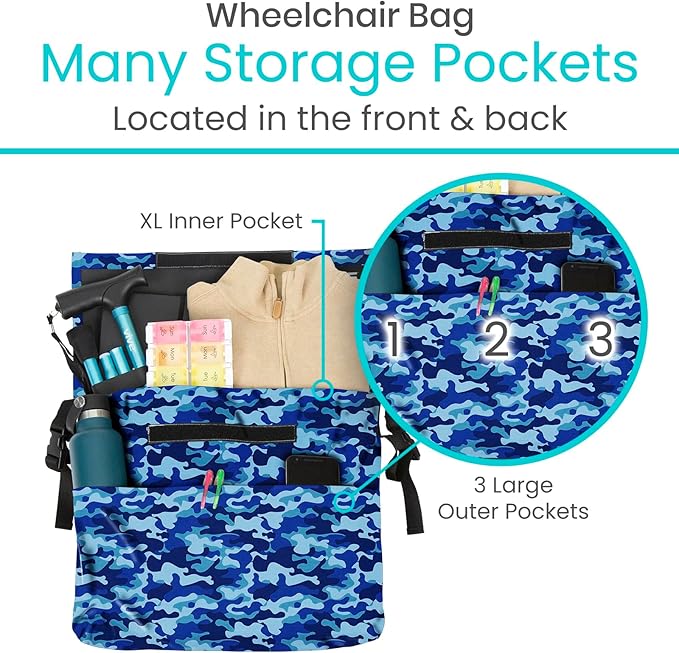 Vive XL Wheelchair Accessories Bag - Waterproof, Scratch-Resistant, Double-Stitched, Machine Washable for Adults, Seniors, 15 Colors - Storage Walker Backpack to Hang on Back