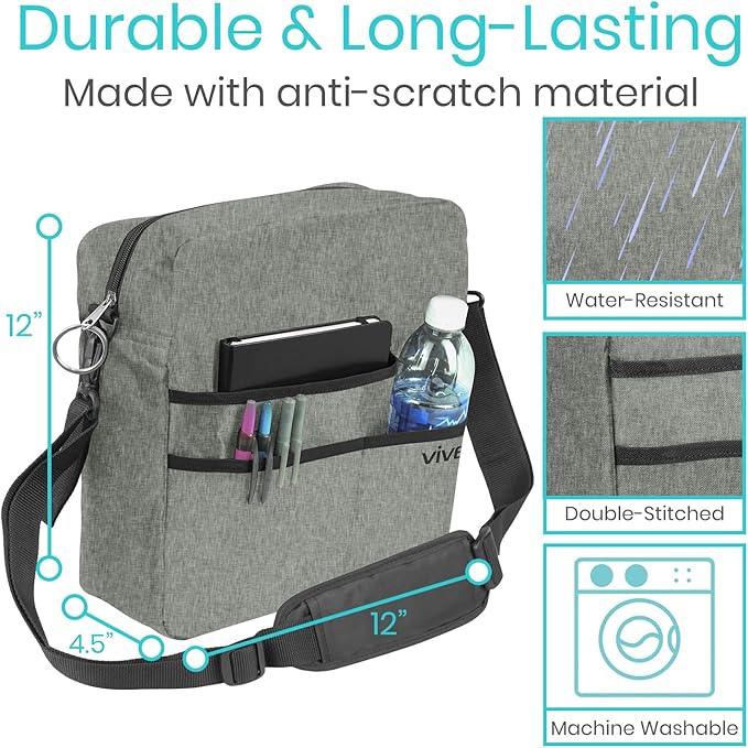 Vive Wheelchair Bag - Machine Washable, Double-Stitched, Water-Resistant Accessory Backpack for Rollators, Wheel Chairs, Walkers - Pouch with XL Pockets & Straps for Quick Installation