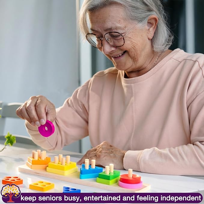 Dementia Toys for Seniors, Easy Wooden Activities for Alzheimer Patients | Color & Number Cognitive Dementia Product for Elderly, 15 Pieces Parkinson Game Puzzle Shape Pattern Matching Board Gift