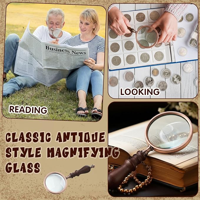 Yunsailing 10x Magnifying Glass, Brass Handheld Magnifier with Wooden Handle, Vintage Gift for Elderly Reading, Macular Degeneration, Coin, Stamp, Book Inspection