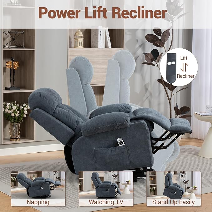 Power Lift Recliner Chair for Elderly, Electric Lift Chair with Vibration Massage and Lumbar Heat, Reclining Chair with USB Charging Port, Cup Holders, Ergonomic Sofa for Living Room, Blue