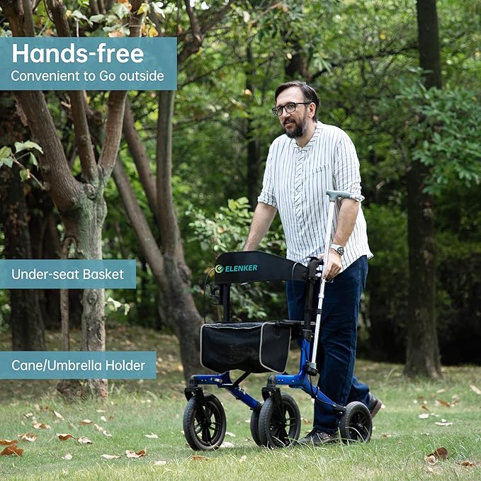 ELENKER All-Terrain Rollator Walker with Non-Pneumatic Tire 12” Front Wheels, Compact Folding Design for Seniors, Blue