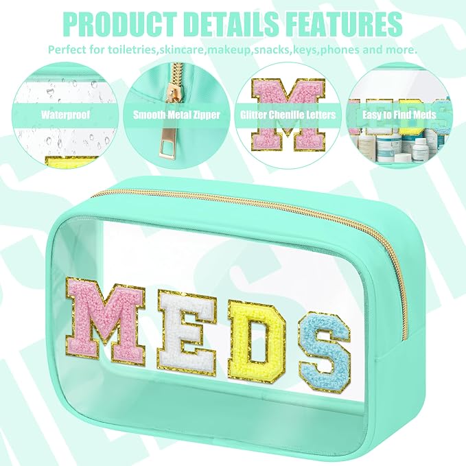 BuyCard Clear Meds Chenille Letter Bag, PVC Makeup Bag, Portable Preppy Patch Makeup Bag with Zipper, Cosmetic Toiletry Travel Storage Medicine Bag for Women Girls, Green