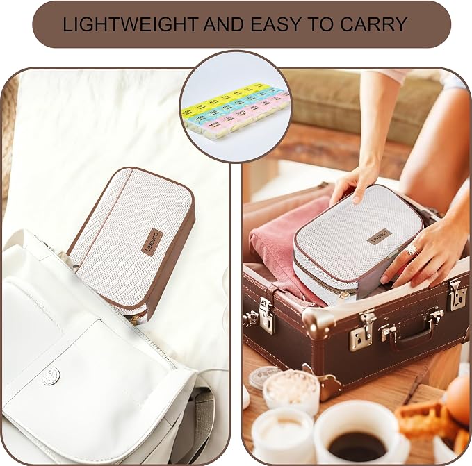 Weekly Travel Pill Organizer 3 Times A Day Pill Case for Purse with Removable 7 Day Pill Box Holder,Cute Medication Organizer Pill Container for Medicine, Vitamin, Fish Oils,Supplement (Brown, Large)