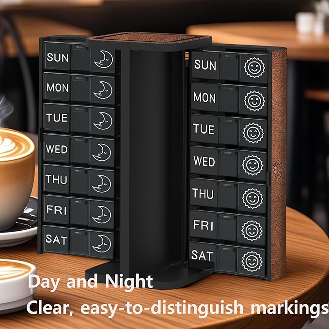 Pill Organizer 7 Day AM PM, Discreet 2 Times a Day Weekly Pill Box with Double Protection Shell, Large Capacity Portable Vitamin Case for Travel Meds & Medicine Organizer (Brown)