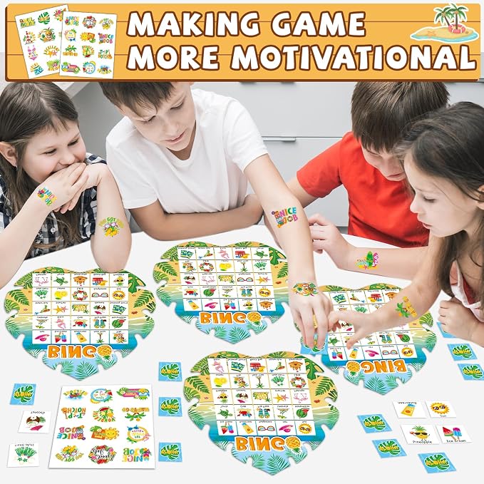 39Pcs Hawaiian Bingo Game for Adults Kids 24 Players Tropical Summer Palm Leaves Bingo Game Cards with Reward Stickers for Family Friend Student Large Group Activities Luau Theme Party Supplies Favors