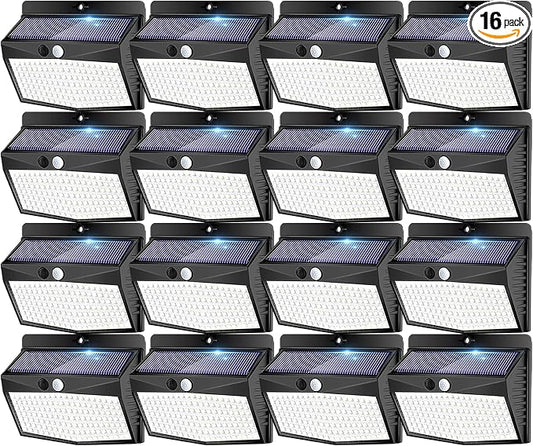 16 Pack Solar Motion Sensor Lights Outdoor Waterproof with 3 Modes | Cool White, Black Frame, LED, Solar Powered, Security Lighting for Outside Wall Garden Fence Yard Deck Patio Garage