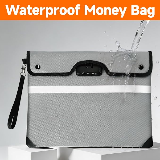 Upgraded 6500°F Fireproof Document Bag with Lock, Waterproof 9-Layer Heat Insulated | Dual-Liner Card Slot Money Bag with Zipper/Reflective Strip for Passport, Important Paper, Cash(15 x 12In)