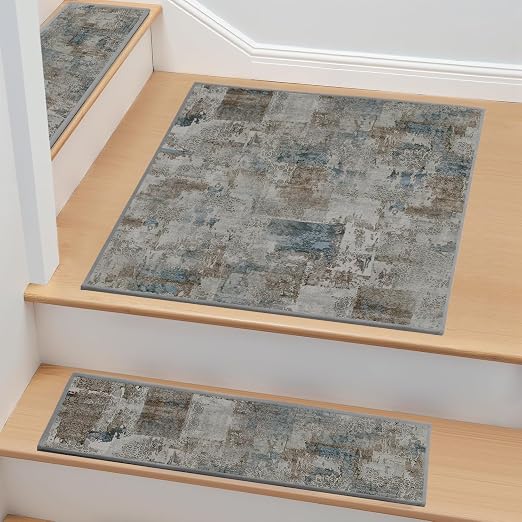 Non Slip Stair Treads for Wooden Steps, 1 Pack 30"x30" Washable Carpet | 30x30 in soft chenille polyester stair treads with reusable TPE backing for indoor wood stairs, dogs, kids, and seniors