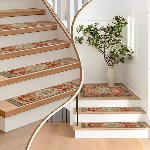 Non Slip Stair Treads for Wooden Steps, 4 Pack 8"x30" Washable Carpet | 8x30 in soft chenille polyester stair treads with reusable TPE backing for indoor wood stairs, dogs, kids, and seniors