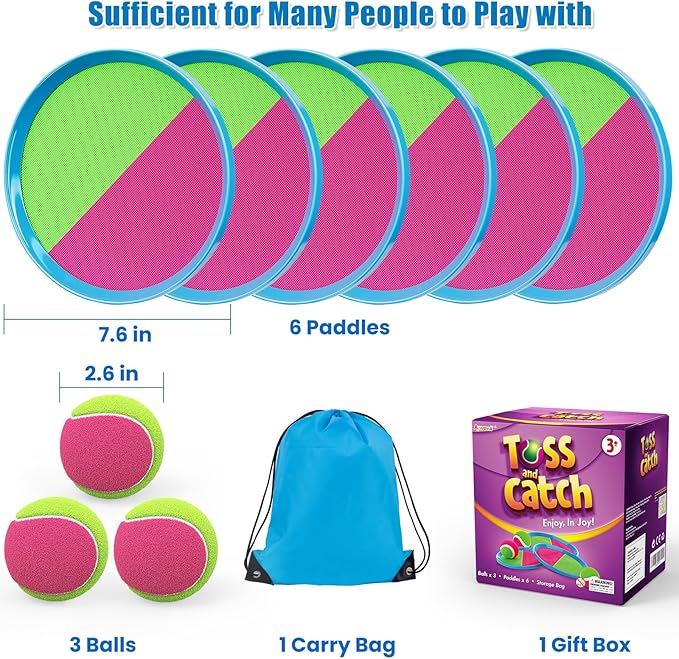 Aywewii Toss and Catch Ball Set, Boys Toys for 3 4 5 6 7 8 Year Old, Sports Gifts for Kids, Outdoor Games for Yard Backyard Camping Beach Pool Family Party, 6 Paddles & 3 Balls