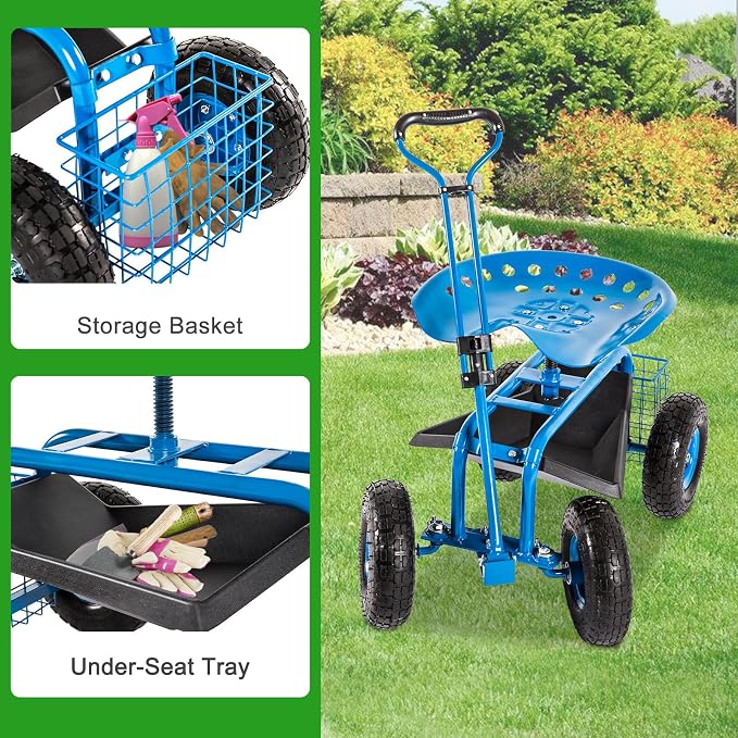 kinbor Rolling Garden Scooter Garden Cart with Tray, 360 Swivel Seat, Blue
