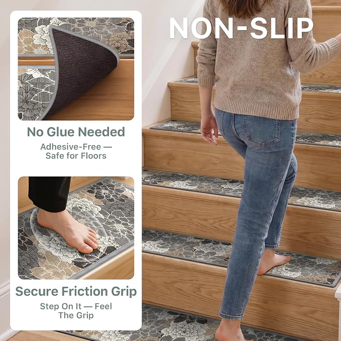SARBEN 8"x30" Non Slip Stair Treads for Wooden Steps 15 Pack, Coffee Brown | Peel and Stick Carpet Stair Runner with TPE Adhesive Backing, Carpet for Added Safety, Pet and Senior Friendly