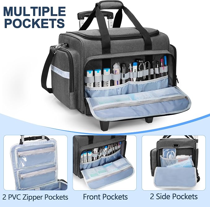 Damero Rolling Medical Bag with Detachable Trolley & Cover Fixed Strap | Medical Bag On Wheels with Inner Dividers, Bottom Support Board, Shoulder Strap for Home Health Nurses, Doctors, EMT, EMS