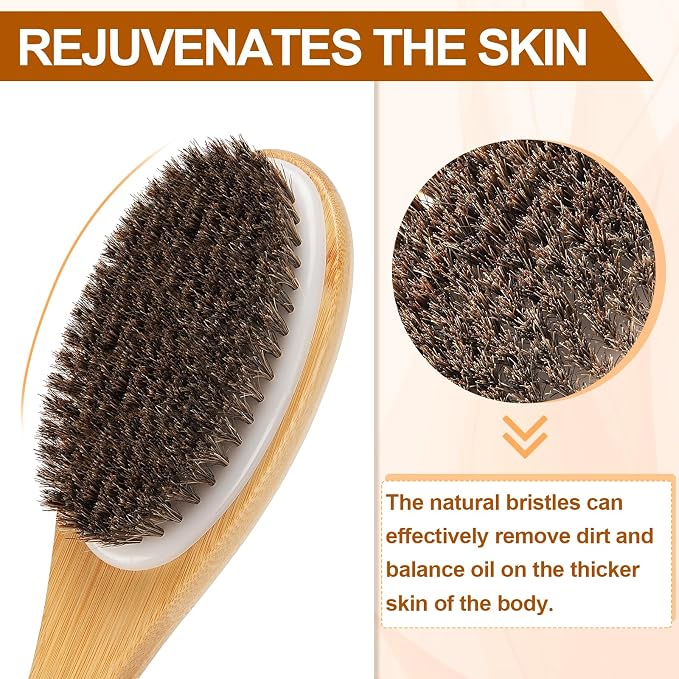 eaxun Bamboo Back Scrubber for Shower with Curved Long Handle, Shower Brush | 16.7 Inch Exfoliating Brush with Natural Horse Bristles for Men & Women, Anti-Slip Grip Back Washer for Bath or Dry Brushing