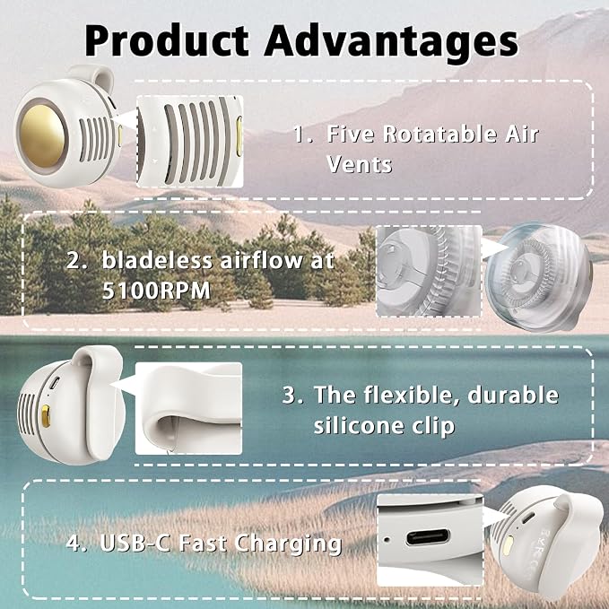 Portable Clip-On Fan, Mini USB Rechargeable 360° Rotatable Fan, Personal Fan 3-Speed Silent Mini Bladeless Fans