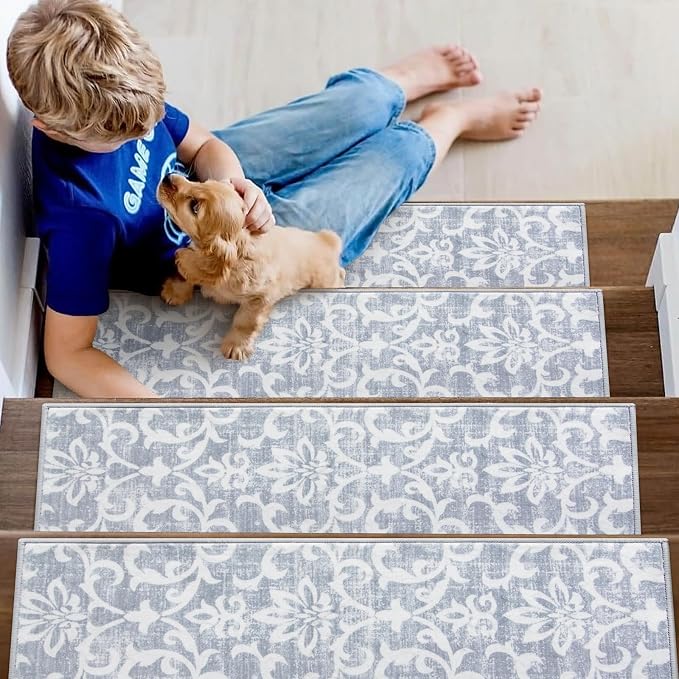 Lahome Carpet Stair Treads Non Slip Backing, 15 Pack 8" X 30" Stair Treads for Wooden Steps Indoor, Soft Washable Stairway Stair Runners Oriental Staircase Rugs for Kids Pets Elders(15pc, Grey)
