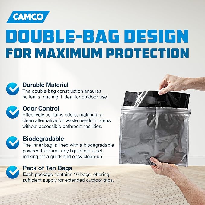 Camco Toilet Waste Bags - Features a Biodegradable Powder & Leak Proof Double Bag Design - Great for Camping, RVing, Hiking, or Boating - 10-Pack (41548)