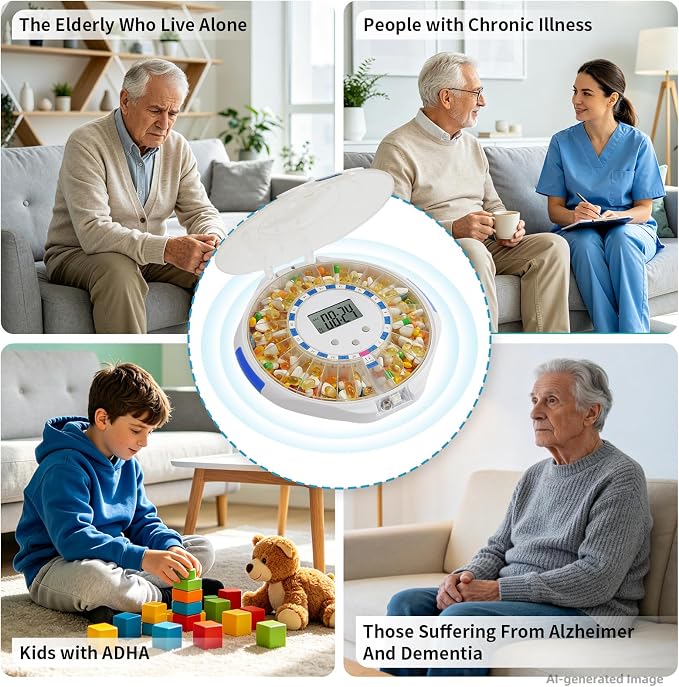 EziMedPil WiFi Automatic Pill Dispenser with Caregiver Alerts for Seniors | Real-time Caregiver App Monitoring & Adherence History Tracking, 28-Day Organizer with Sound-Light Reminders & Up to 9 Doses