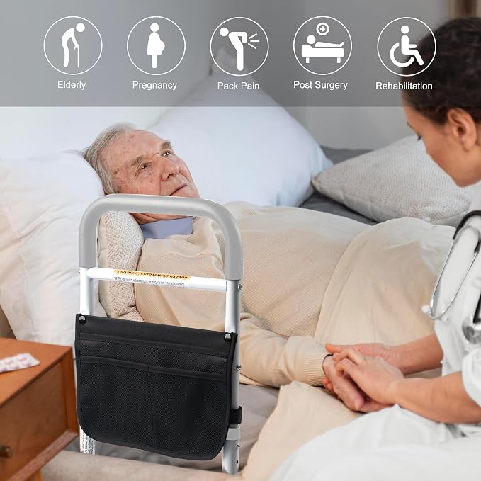 Panta Bed Assist Rail for Elderly Adults, ASTM Approved Adjustable Bed Assist Bar with Fixing Strap and Storage Bag, Foam Padded Handle, Portable Bed Cane, Fits Twin Full Queen King, Grey
