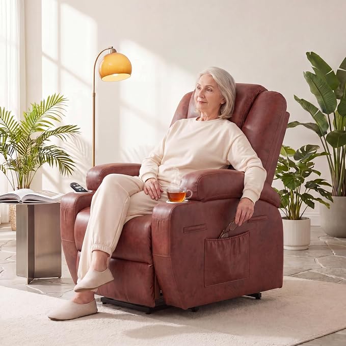 JUMMICO Power Lift Recliner Chair for Elderly with Vibration Massage | Recliner Chair Ergonomic Lift Chair Cup Holder for Living Room (Leathaire, Light Brown)