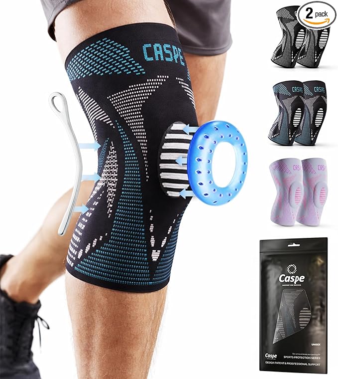 Caspe 2 Pack Compression Knee Brace for Women & Men – Pain Relief Support with Patella Gel Pads & Side Stabilizers – Knee Sleeve for Running, Workout & Arthritis (Blue, XX-Large)