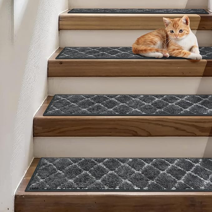 sarben 8"x30" Non Slip Stair Treads for Wooden Steps 15 Pack,Charcoal White | Peel and Stick Carpet Stair Runner with TPE Adhesive Backing, Carpet for Added Safety, Pet and Senior Friendly