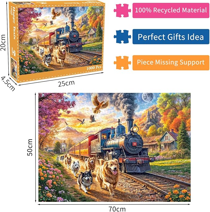 Puzzles for Adults 1000 Pieces,Happy Train Jigsaw Puzzle with 1:1 HD Poster, Perfect Interlocking No Dust, Stress Relief Ideal Gift for Family Games