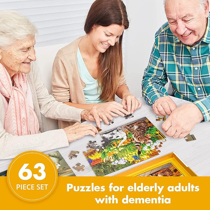 Assistex Large Piece Jigsaw Puzzle for Seniors with Dementia with Conversation Prompts, Large Piece Memory Game for Adults, Elderly, and Dementia Patients – Cats Puzzle, 63 pcs