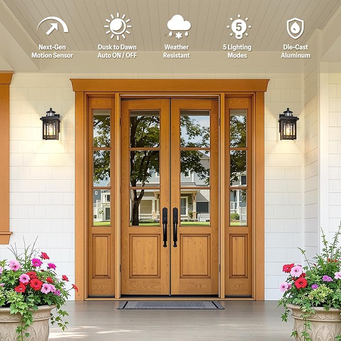 Gleamz 2-Pack Outdoor Porch Lights Wall Mount, Black Motion Sensor Outdoor Wall Lights, Aluminum Exterior Lighting Fixtures, Modern Exterior Lighting Fixtures Dusk to Dawn for Home Patio, E26 Socket