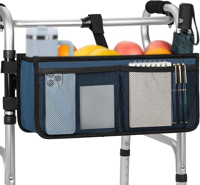 FREEAMG Walker Basket for Folding Walker, Large Capacity Foldable Walker Bag, Walker Storage Bag With Cup Holder, Detachable Walker Accessories Basket for Seniors (Blue)