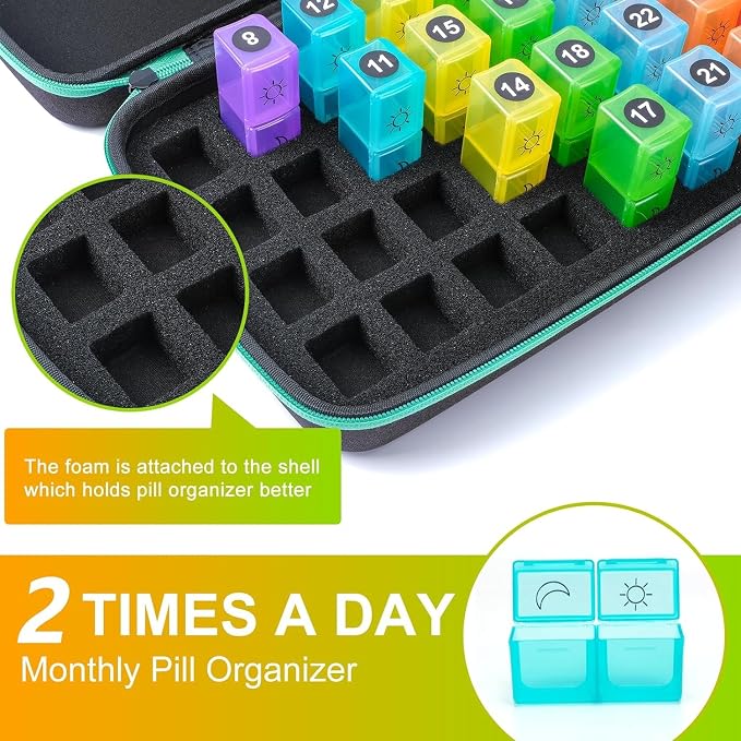 Monthly Pill Organizer 2 Times a Day,Month Pill Box Organizer with 32 Daily Compartments,30 Days Pill Holder with Hard Travel Case Pill Case Vitamins Case+Portable 7-Day Travel Medicine Organizing Bag