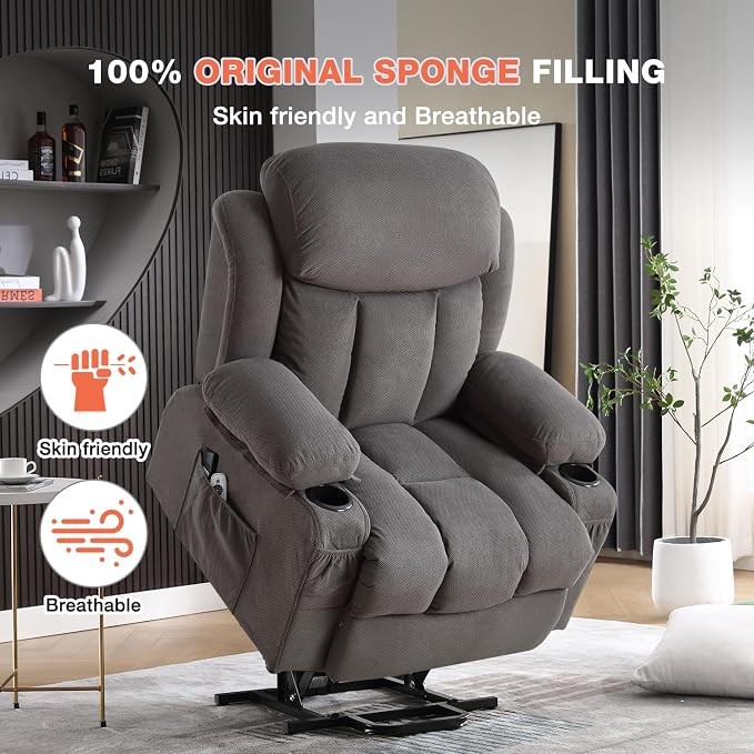 MAHOMICO Power Lift Recliner Chair for Elderly with Vibration Massage and Lumbar Heating,Electric Lift Recliner Single Sofa with Side Pocket,Two Cup Holders and USB Charge Port for Living Room