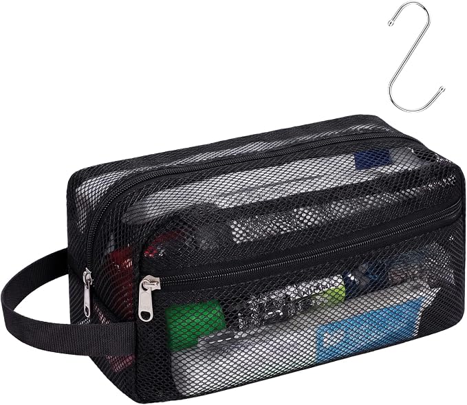 Mesh Shower Caddy Portable with Zipper - Toiletry Shower Bag for travel Gym | 2 Pockets, Quick-Dry Mesh, S-Hook, Small Hanging Shower Caddy for Toiletry Essentials, Bathroom & Camping, Black