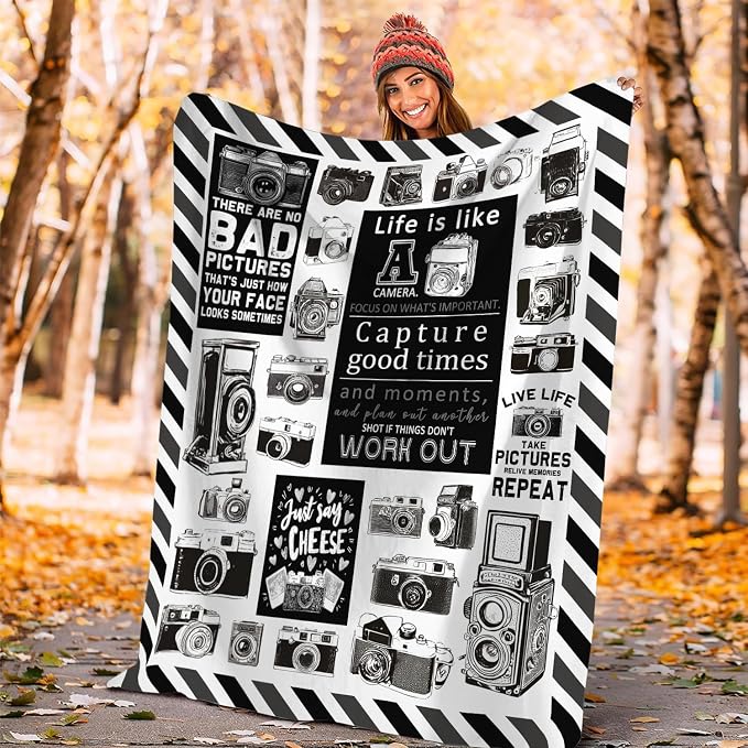 Yibuda Retro Camera Blanket Photography Flannel Plush Throw Blanket Cozy Black White Decor Fleece Stuff Blanket Gifts for Lover Girls Boys Kids Adults Women Bed Travel 40"x50"