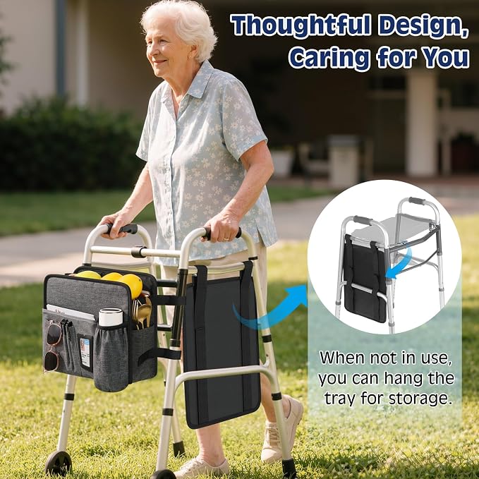 MoKo Walker Basket Bag with Tray, Upgraded Detachable Walker Tray for Folding Walkers with Non-Slip Mat, Large Storage Bag with Multi-Pockets and Cup Holder, Walkers Accessories for Senior, Gray