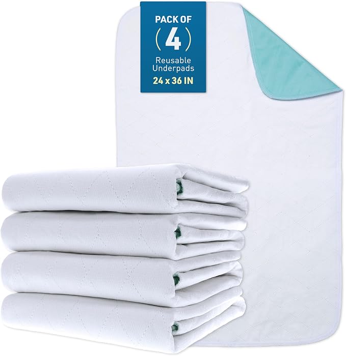 BodyMed Heavy Absorbency Washable & Reusable Underpad, 24 x 36-inch, 4 Pack - Waterproof, Quick Drying, Nursing Incontinence Pad for Seniors, Adults, Pets - Bed, Wheelchair, Furniture Protection