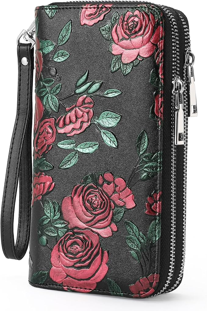 GOIACII Women's Wallet Large Capacity Double Zip Ladies Card Phone Holder RFID Blocking Wristlet Leather