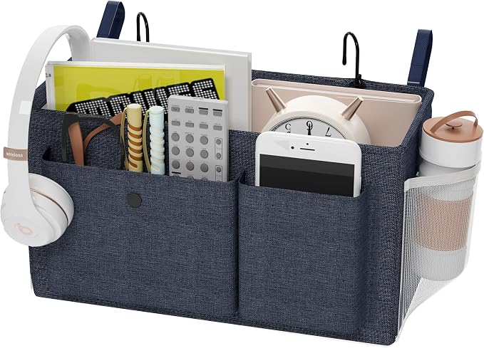 Bedside Caddy Bedside Storage Hanging Organizer for Bunk Dorm Bed Rail | Bed Caddy with Hooks, Top Bunks and Dorm Essentials for Water, Tissues, Tablets, Books, Phones, Remotes and Other Necessories