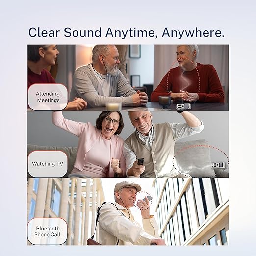 OKB Hearing GV-SA0361 Hearing Amplifier for TV & Conversation, Neckband-Style, Bluetooth 5.0, Noise Reduction, 2-in-1 TV & Hearing Modes, External Mic, USB-C Rechargeable, 10h Controller / 8h Earphones, Mirror Chrome
